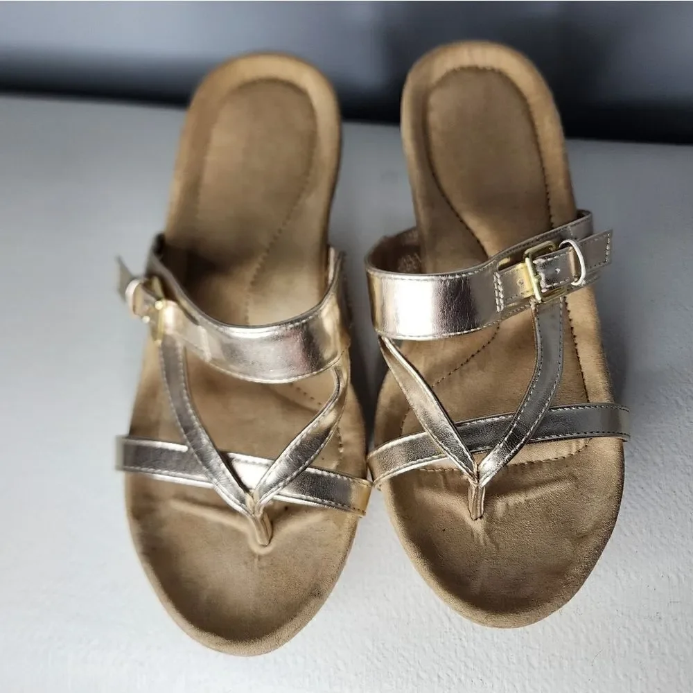 Cheeks Fit Body Strappy Thong Wedge Gold Synthetic Women Shoes Size 7 M  Medium